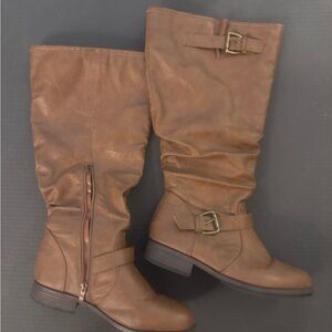 Camel Wide Calf Knee-High Riding Boots, Size 9